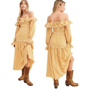 NWT Free People Keepsake Off Shoulder Ruffle Marigold Gingham  Dress.Size 8